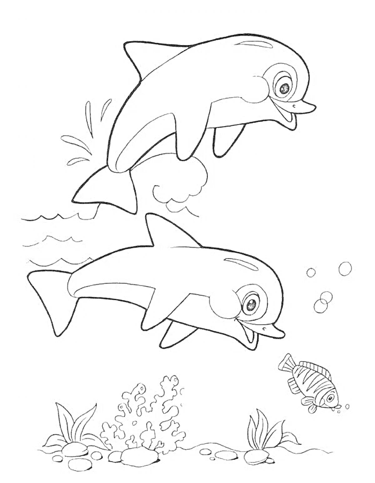 На раскраске изображено: Дельфины, Водоросли, Кораллы, Вода, Пузыри