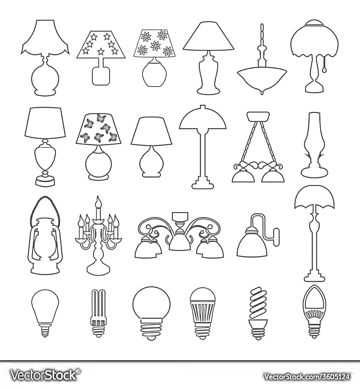 Раскраска Разнообразные лампы и люстры. Включает: настольные лампы, подвесные светильники, лампы с абажурами, настенные бра, классические лампы накаливания, энергосберегающие лампы.