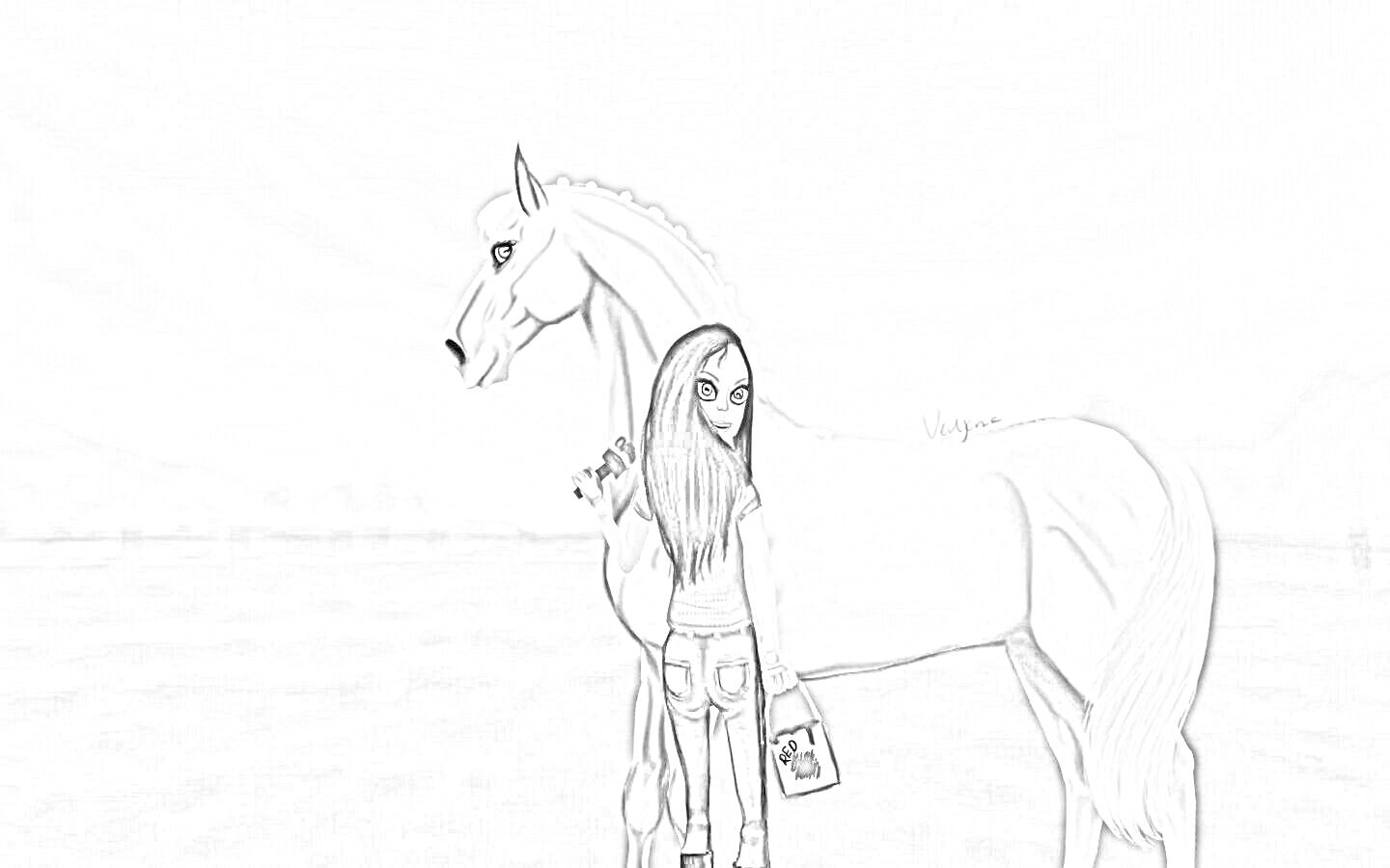 На раскраске изображено: Лошадь, Ферма, Длинные волосы, Природа, Открытка, Небо