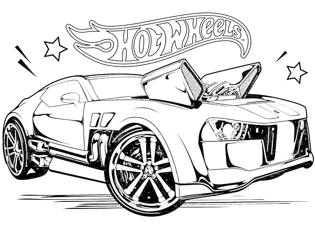 На раскраске изображено: Hot Wheels, Спортивный автомобиль, Звезды, Для мальчиков, Дверь, Авто