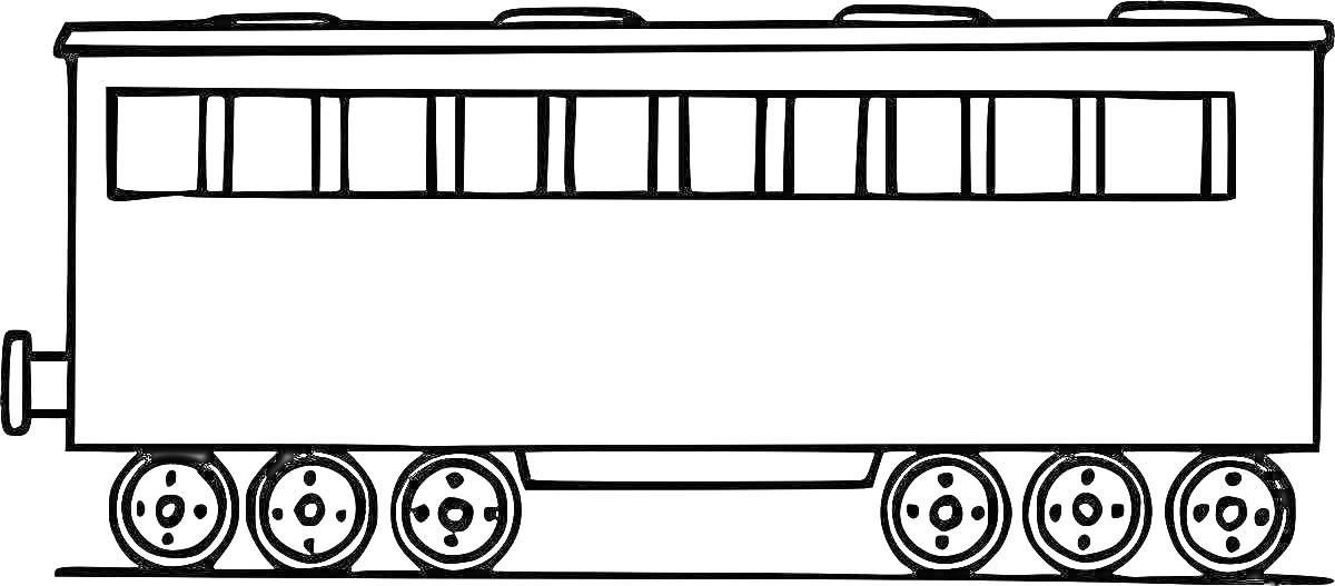Раскраска Вагон поезда с окнами и шестью колесными парами
