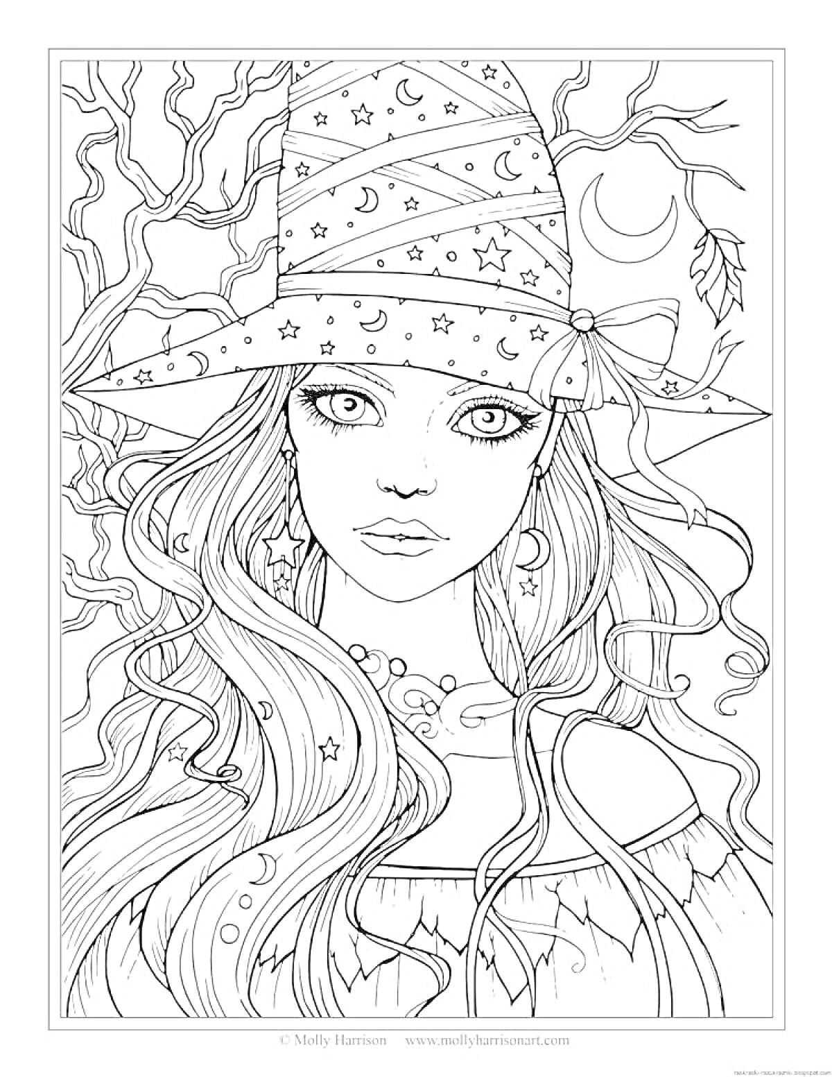 Раскраска Лесная фея с длинными волосами в шляпе с узорами и лунным ожерельем на фоне деревьев