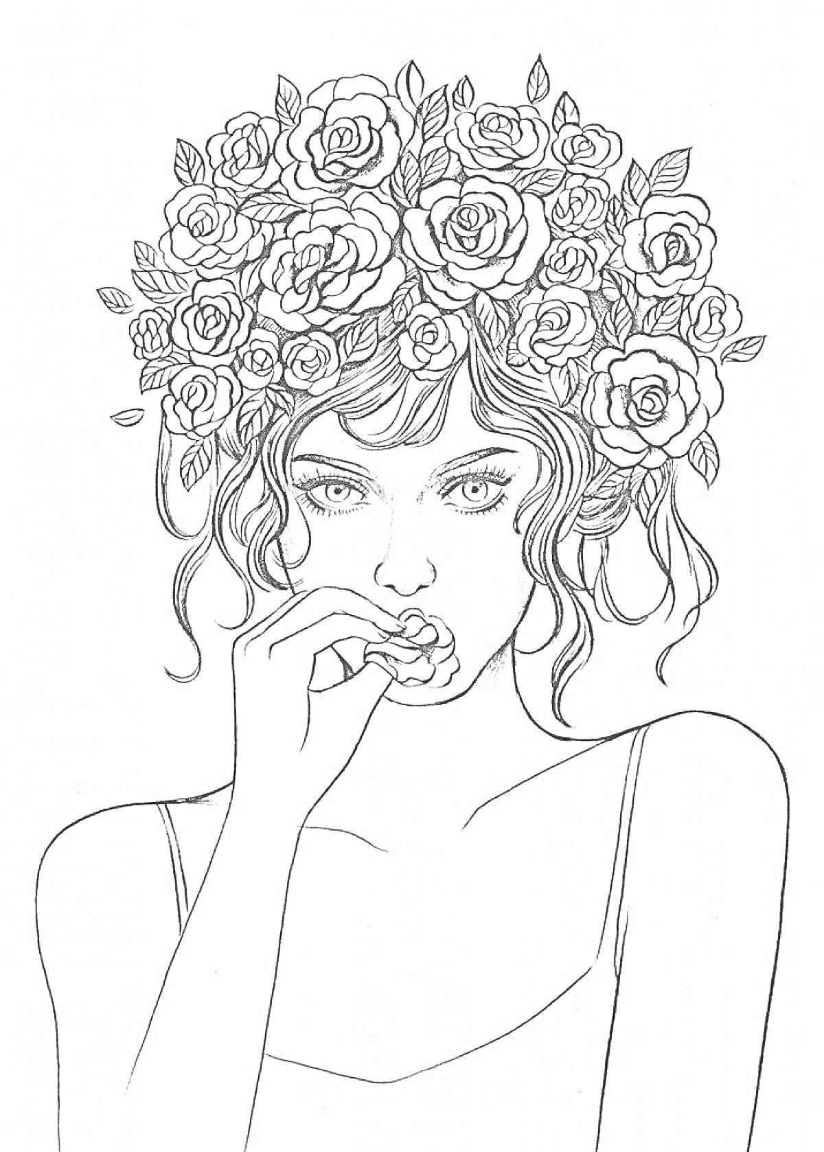 Раскраска Девушка с длинными волосами, украшенными цветами, и держащая руку у рта