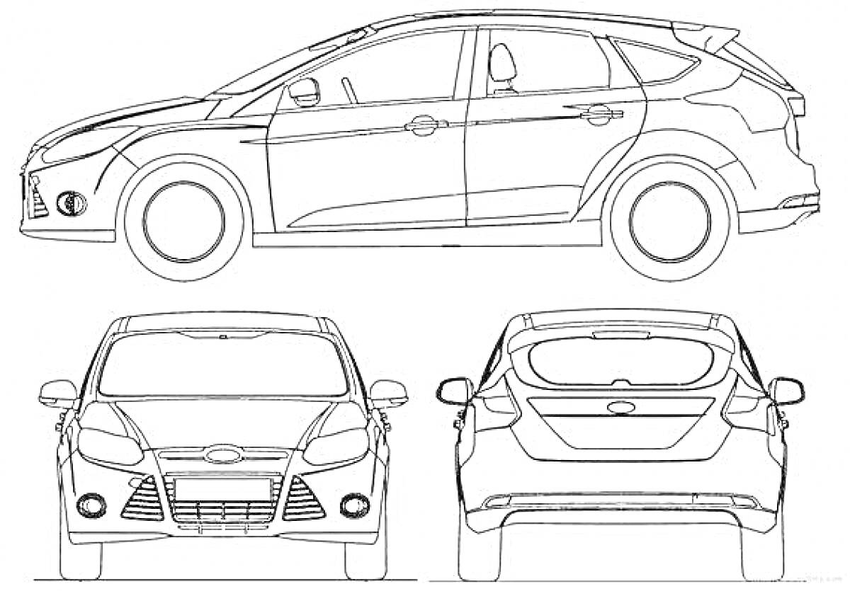Раскраска Контурные рисунки автомобиля Ford Focus с трех ракурсов: вид сбоку, вид спереди и вид сзади.