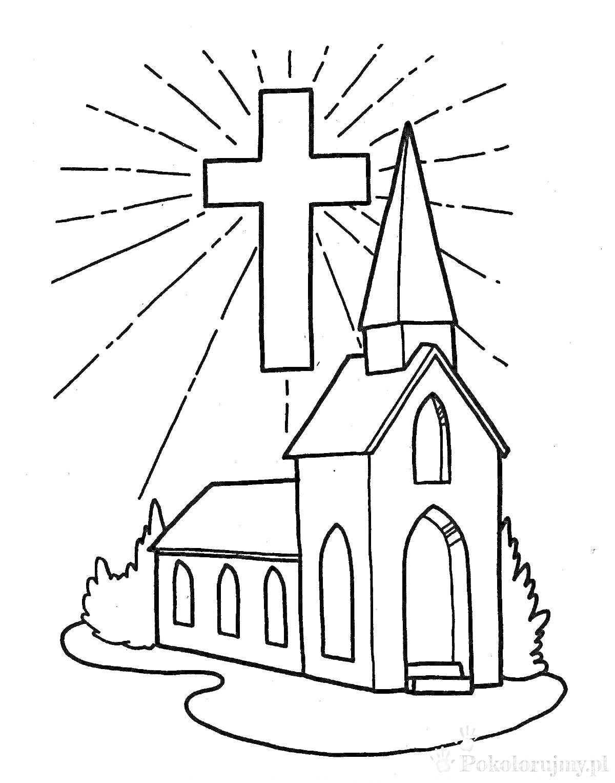 На раскраске изображено: Церковь, Крест, Здание, Христианство, Природа