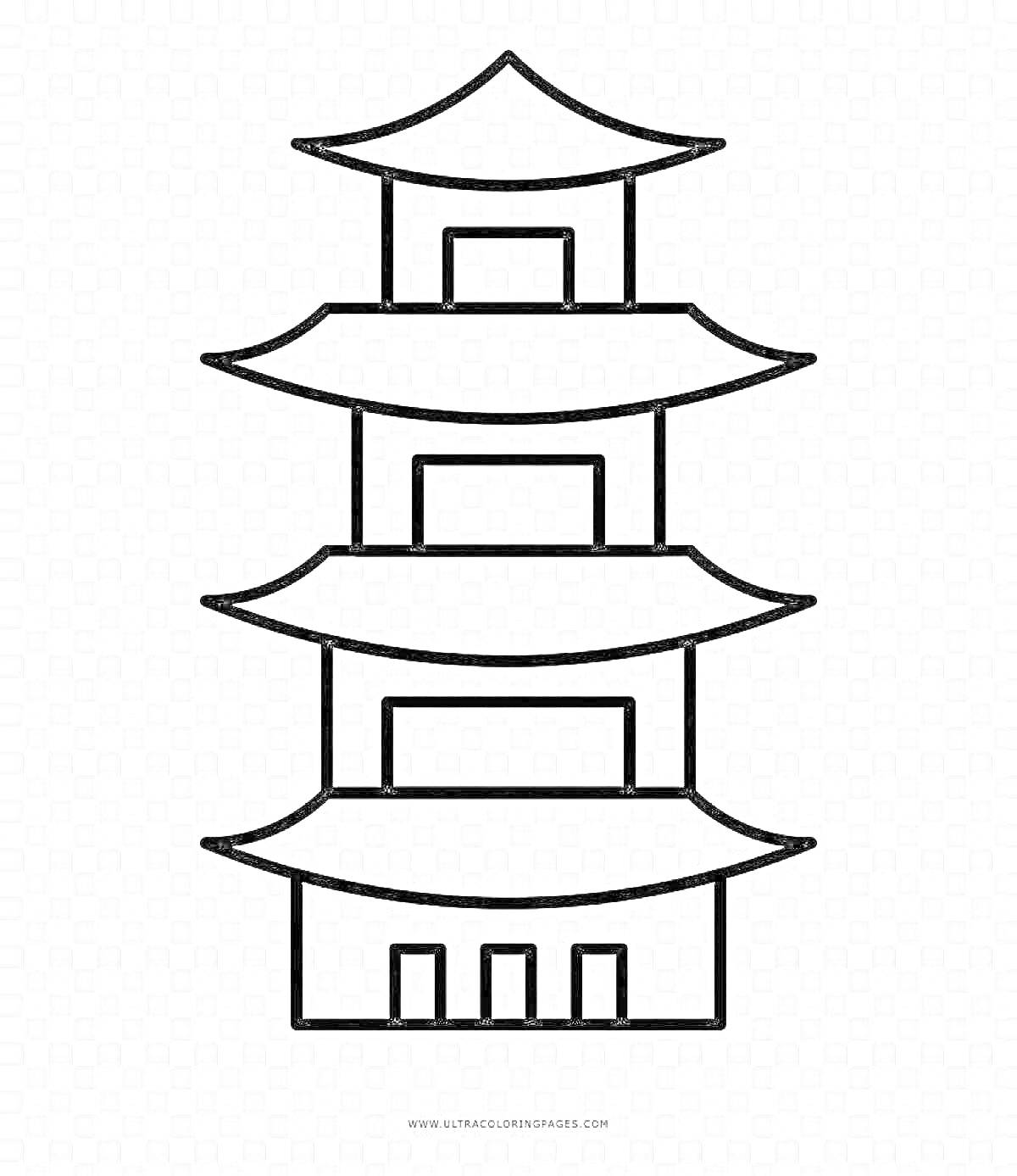 Раскраска Пятиуровневая пагода с традиционной многоскатной крышей и тремя дверьми на нижнем уровне.