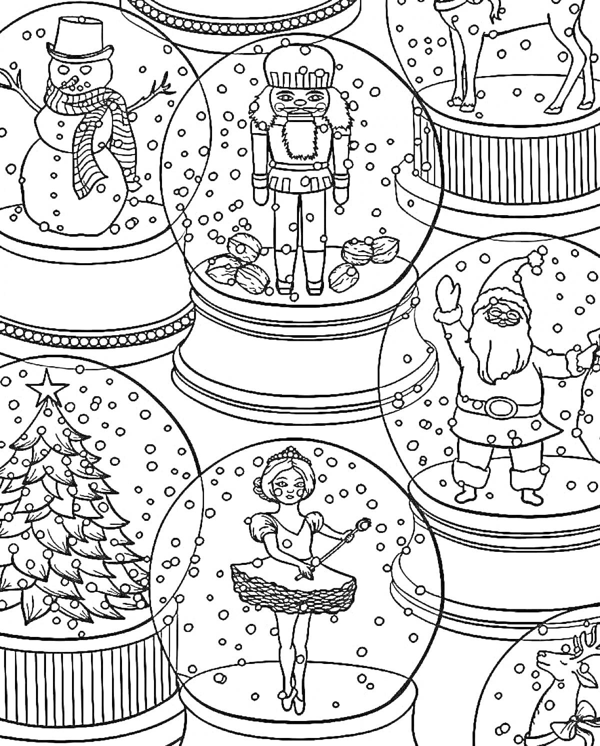 Раскраска Снежные шары с рождественскими персонажами - снеговик, щелкунчик, северный олень, Санта-Клаус, новогодняя елка, балерина