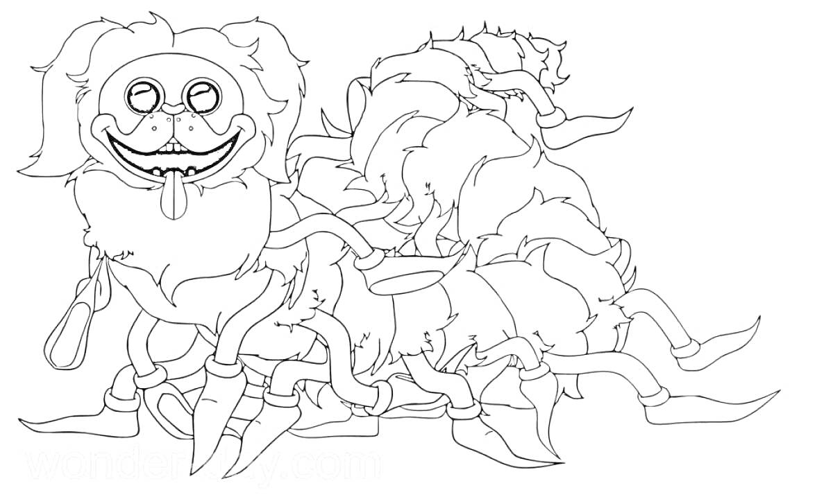 Раскраска Мопс-гусеница с множеством лап, очками, языком наружу и шляпой