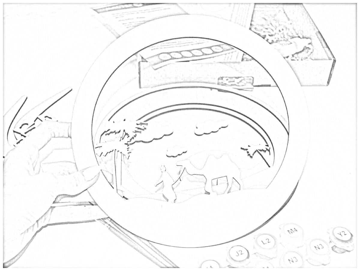 Раскраска Многослойная раскраска из дерева с сюжетом пустыни - верблюд, человек, пальмы и птицы на фоне