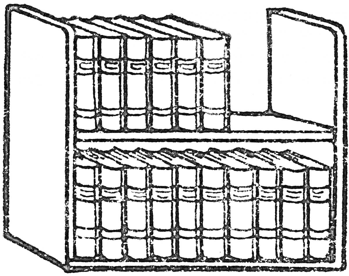 На раскраске изображено: Книжный шкаф, Полки, Мебель, Литература, Организация, Библиотека