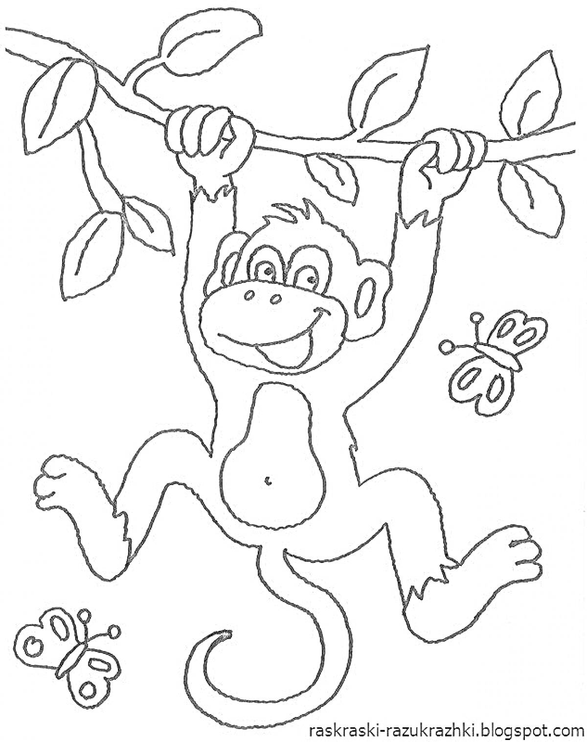 Раскраска Обезьянка, висящая на ветке с листьями и бабочками