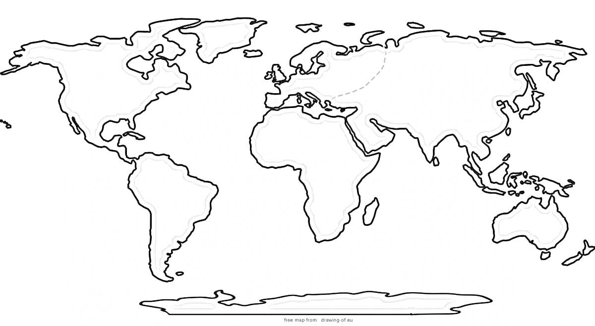 Раскраска Контурная карта мира с изображением всех континентов