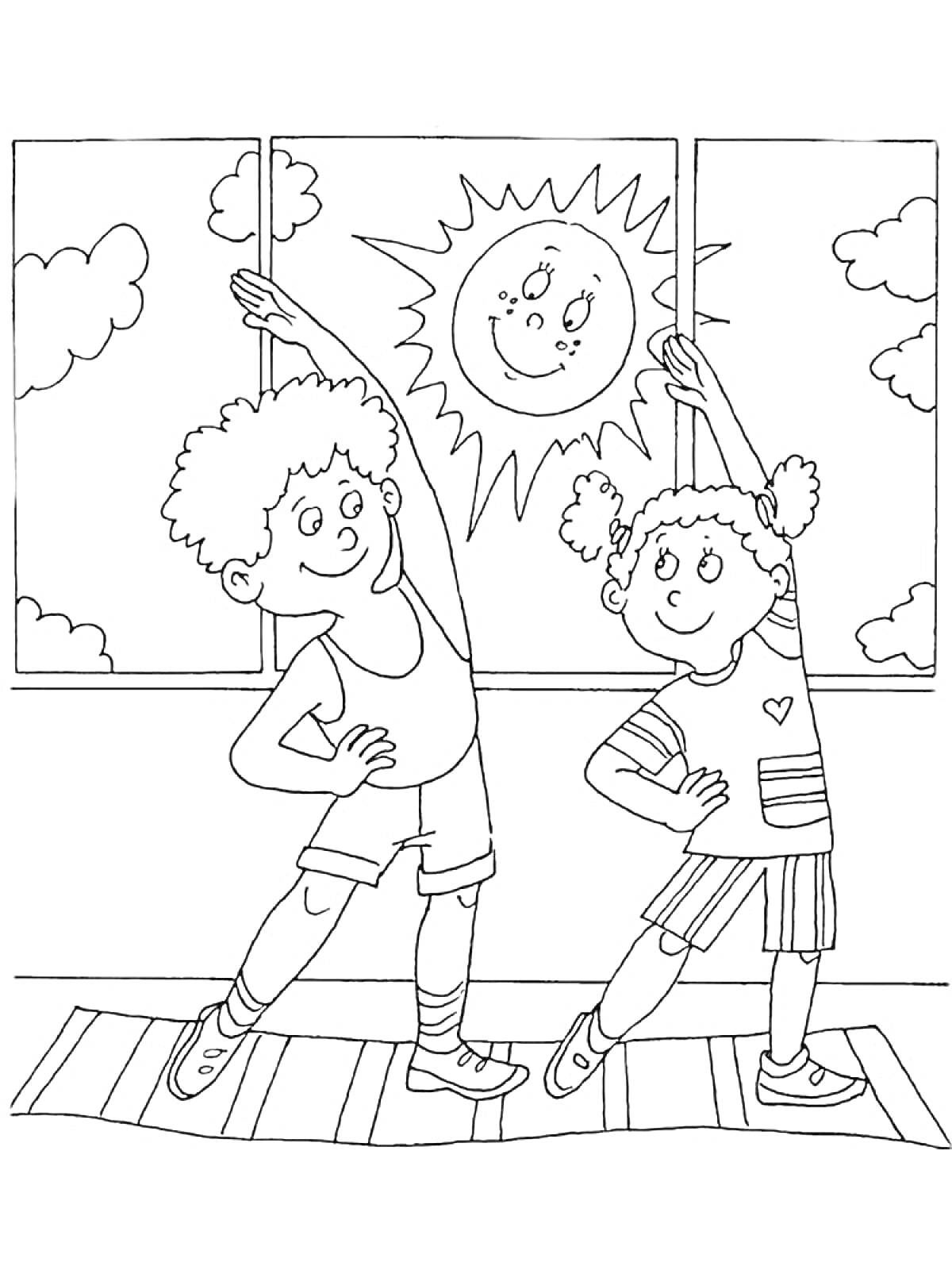 дети делают утреннюю зарядку у окна, на улице солнце и облака