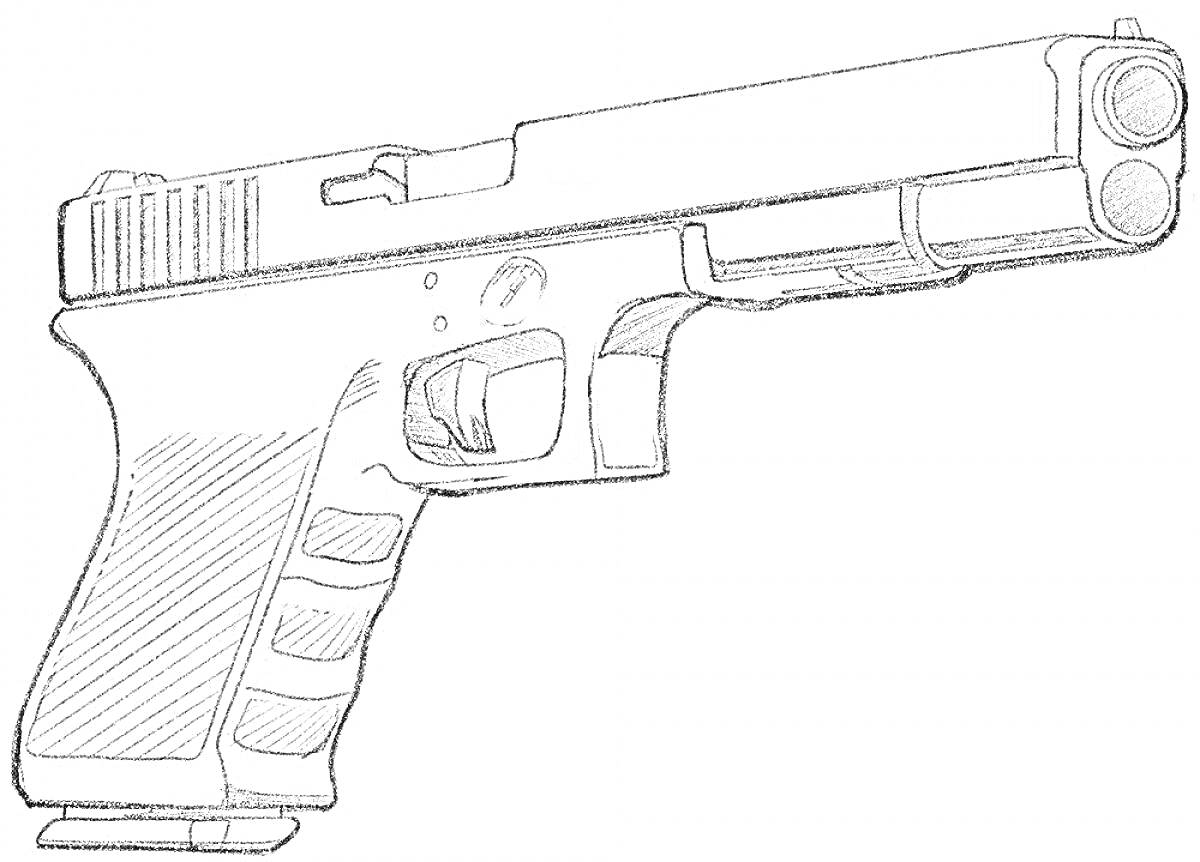 Раскраска Чертёж пистолета Desert Eagle с детальной проработкой рукоятки, спускового крючка и ствола