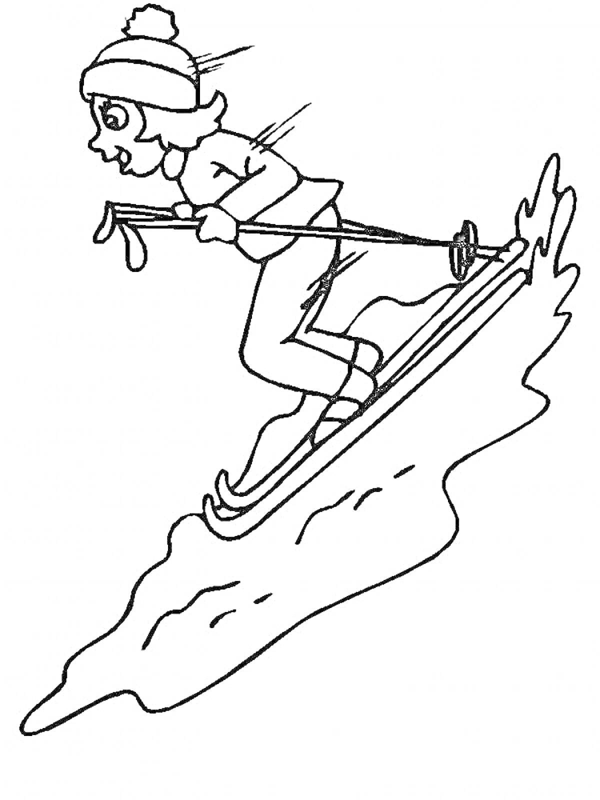 На раскраске изображено: Зимний спорт, Лыжи, Снег, Зима, Человек, Спуск, Одежда, Шапка, Перчатки, Лыжные палки
