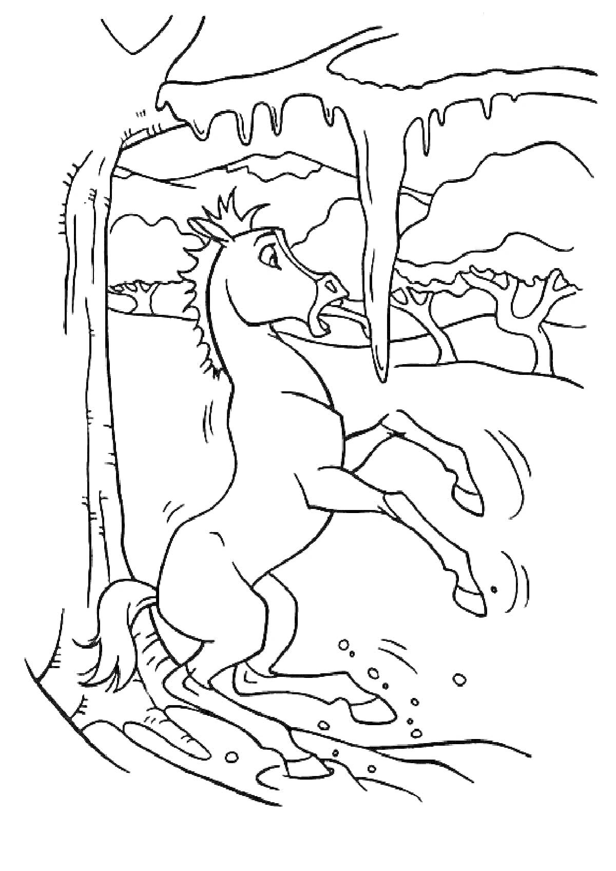На раскраске изображено: Лошадь, Сосульки, Зима, Природа, Спирит