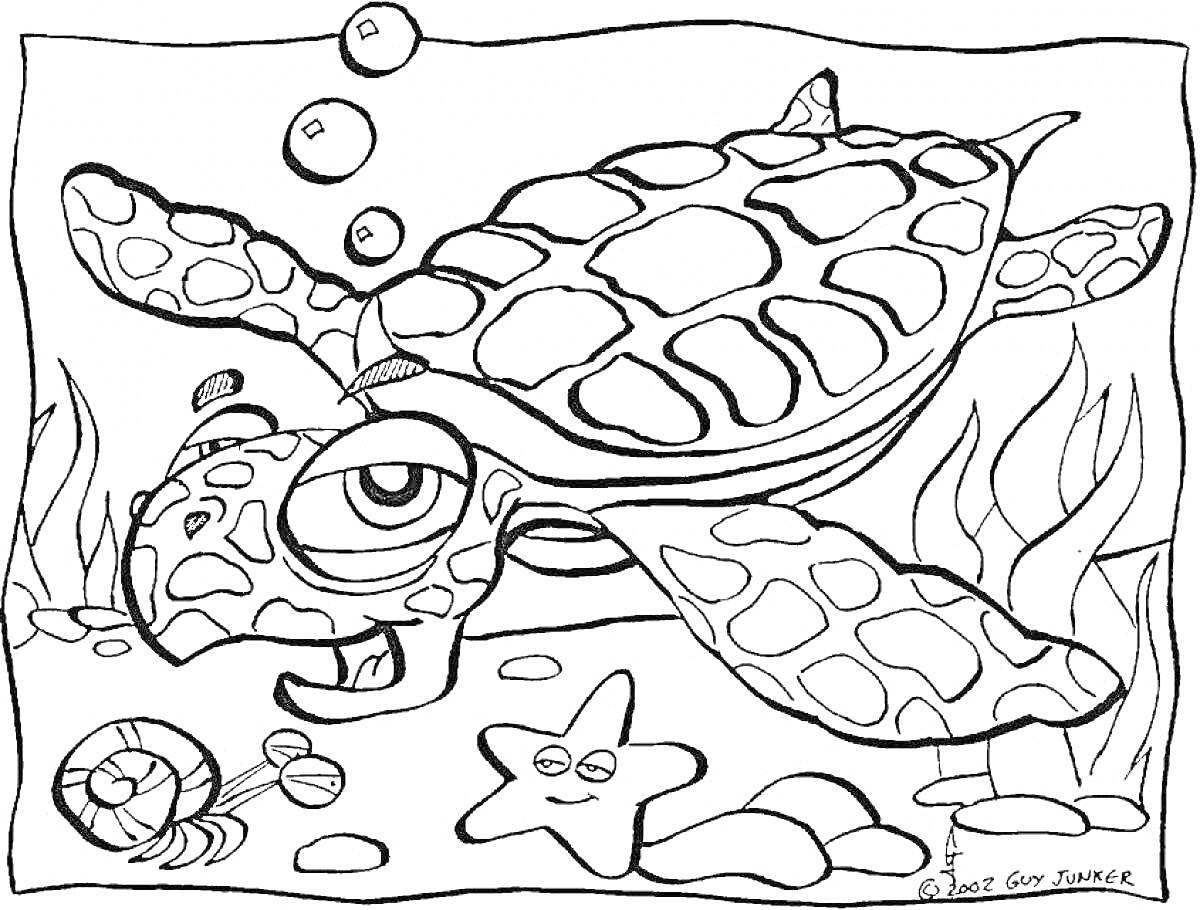 Раскраска Черепаха в подводном мире с пузырями, морской звездой, улиткой и водорослями.