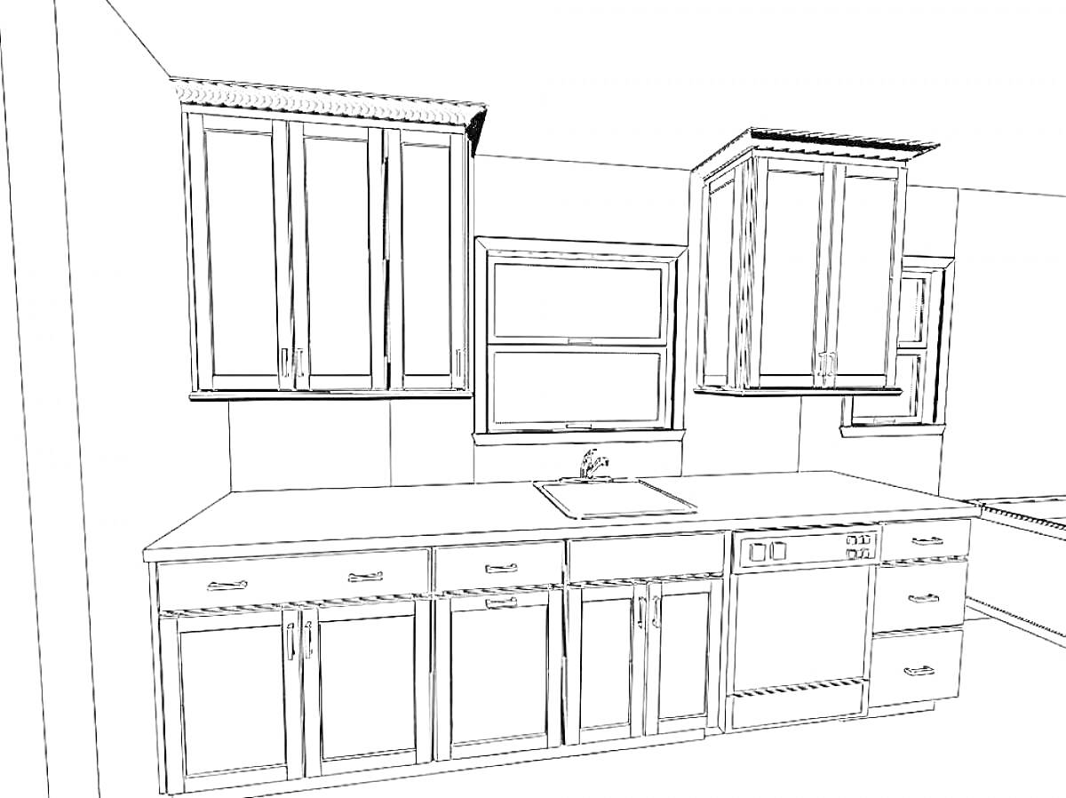 На раскраске изображено: Кухня, Раковина, Ящики, Столешница, Бытовая техника, Окна