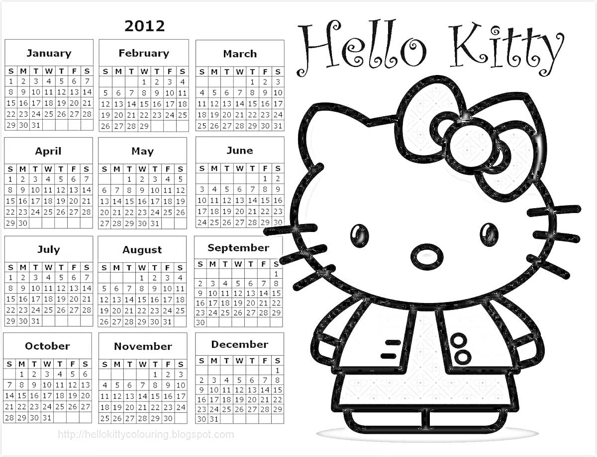Раскраска Раскраска календарь Hello Kitty на 2012 год с изображением Hello Kitty, одетой в пальто с бантом на голове