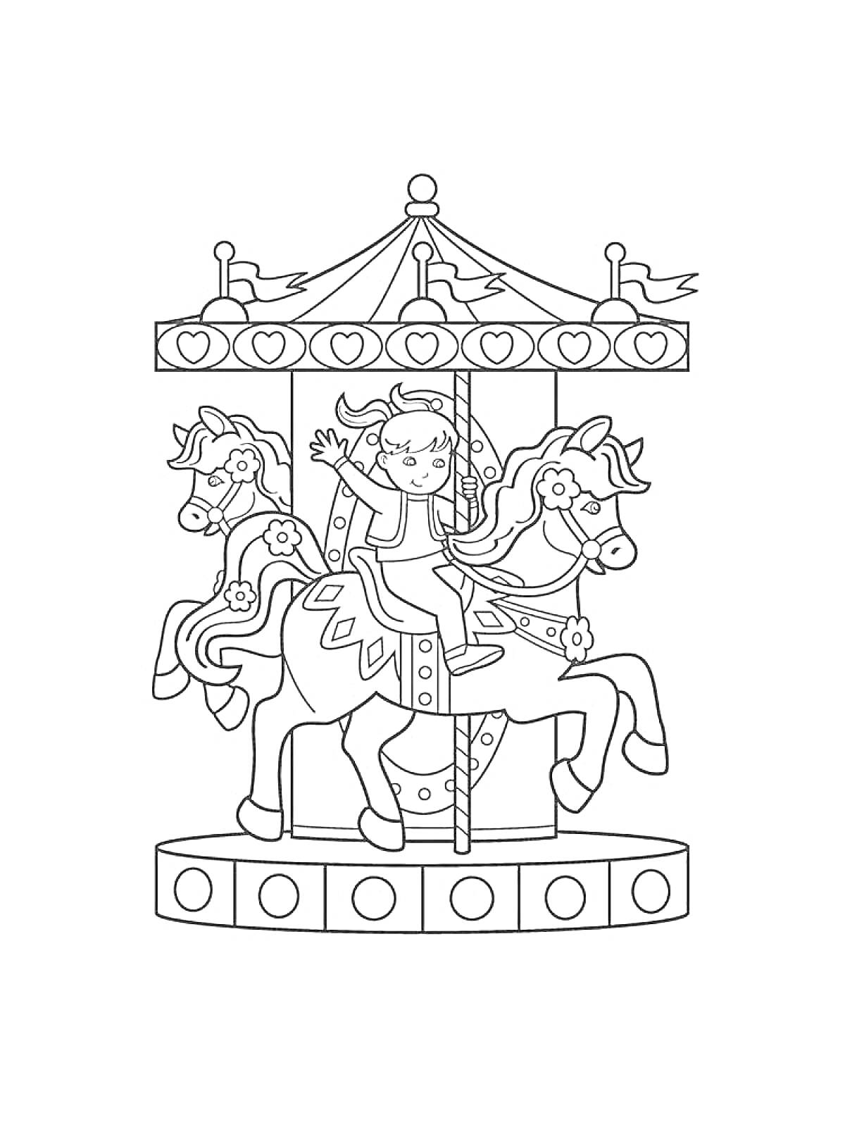 Раскраска Карусель с тремя лошадками и мальчиком