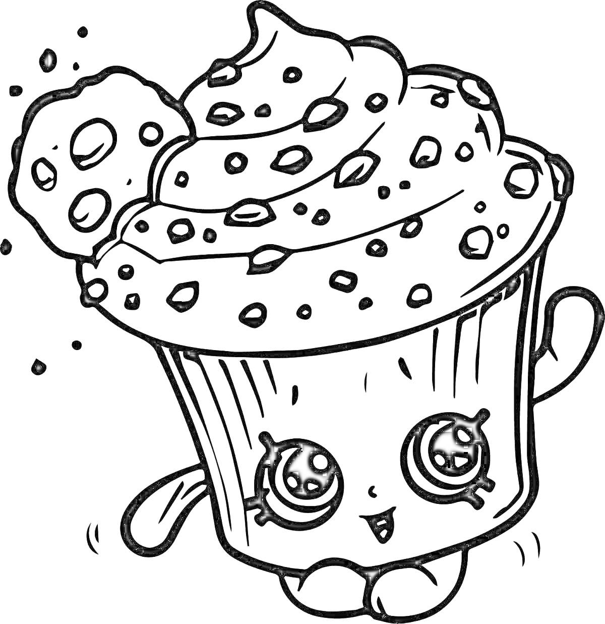 Раскраска Кекс с глазурью и печеньем, милое лицо с большими глазами и ручками