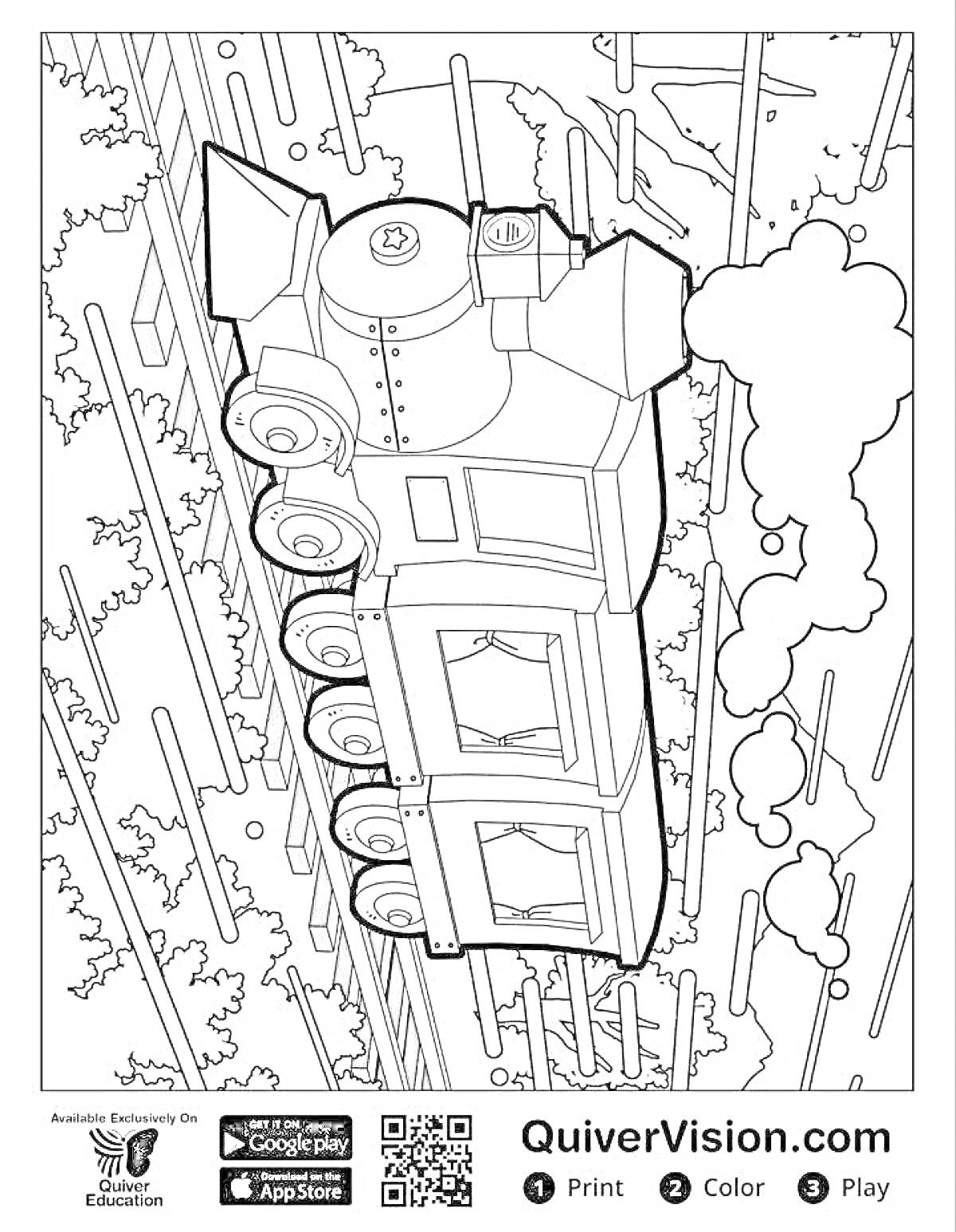 На раскраске изображено: Поезд, Железная дорога, Лес, Паровоз, Деревья, Пар, Флора, Облако дыма