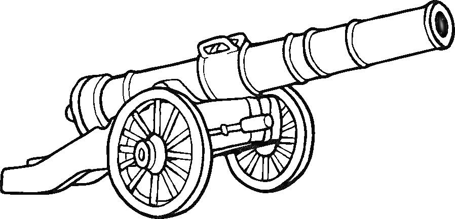 На раскраске изображено: Пушка, Артиллерия, Орудие, Военное оборудование, Колеса