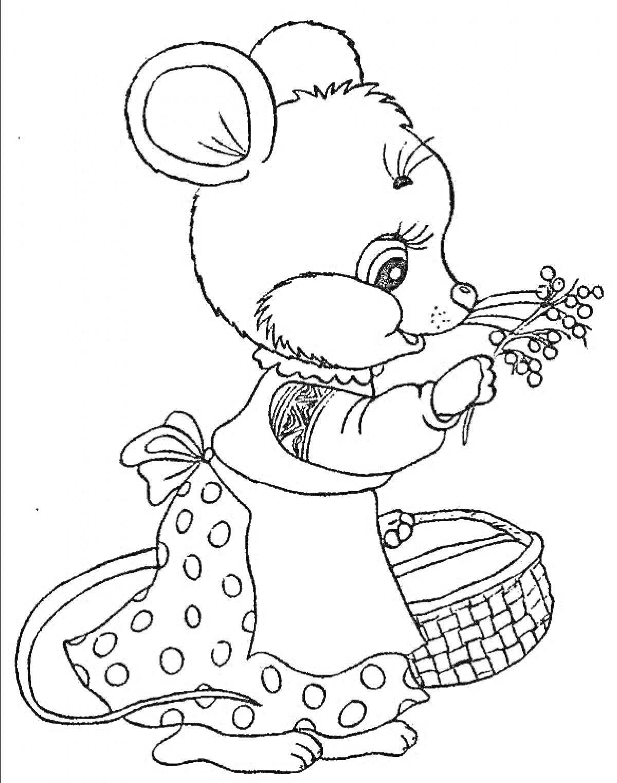 Раскраска Мышка с цветами в руках и корзиной