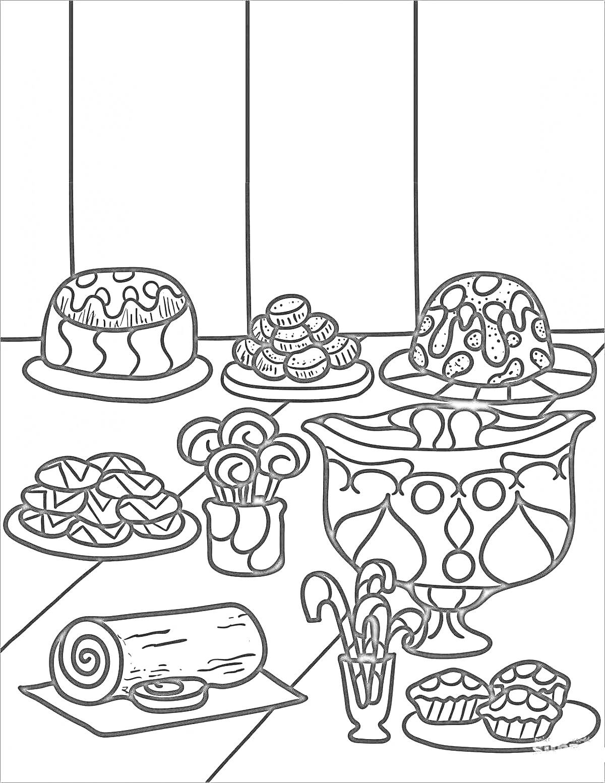 На раскраске изображено: Дастархан, Печенье, Торт, Рулет, Леденцы, Ваза