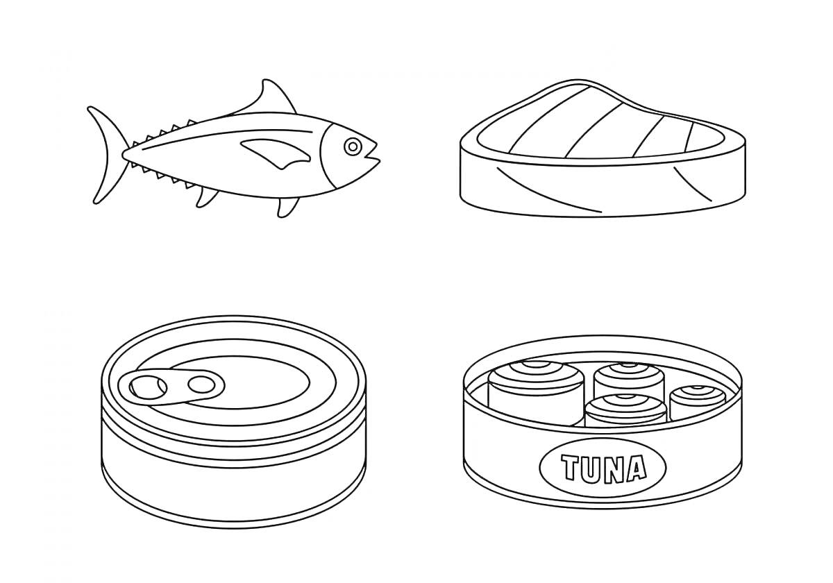 Раскраска Тунец, стейк тунца, консервированный тунец, банка с тунцом
