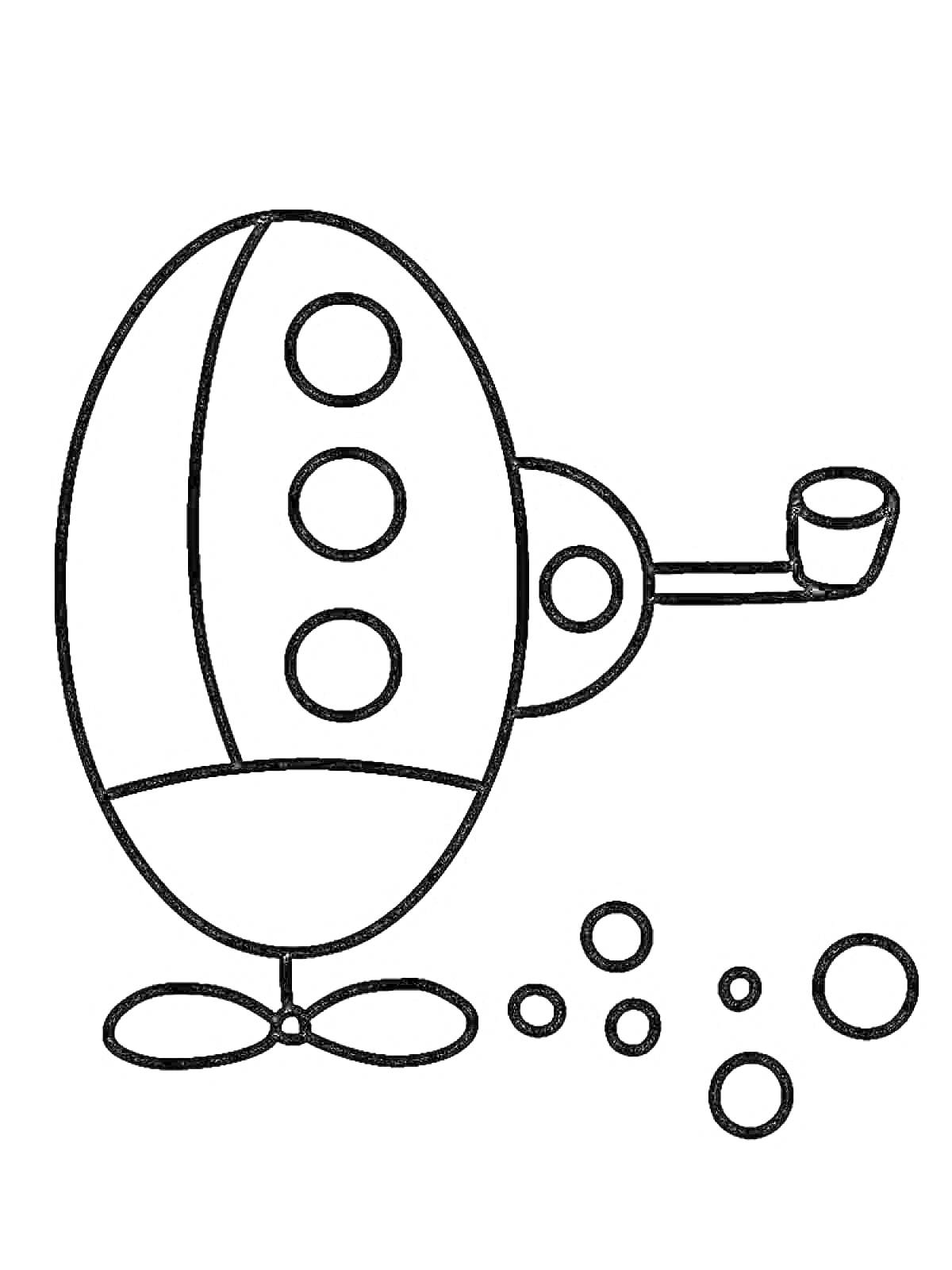 Раскраска Космический корабль с иллюминаторами и антеннами, окруженный пузырями