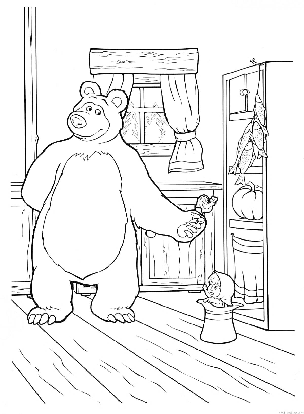РаскраскаМаша и Медведь на кухне, Медведь с баночкой в руке, Маша сидит на ведре