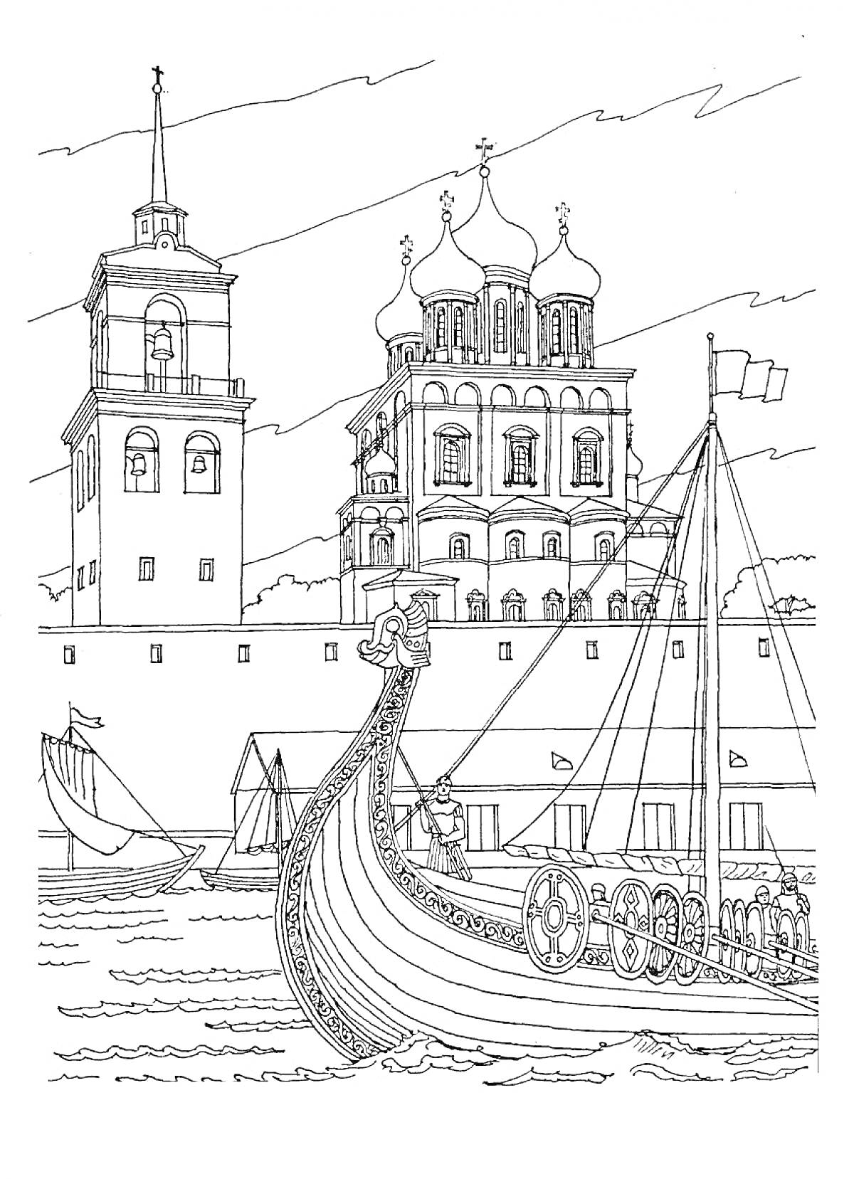 Раскраска Кремль с башней и собором, парусник и лодка на реке