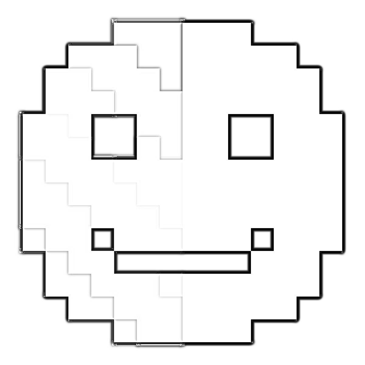 Раскраска Пиксельная раскраска с улыбающимся смайликом, разделённым на цветную и чёрно-белую части