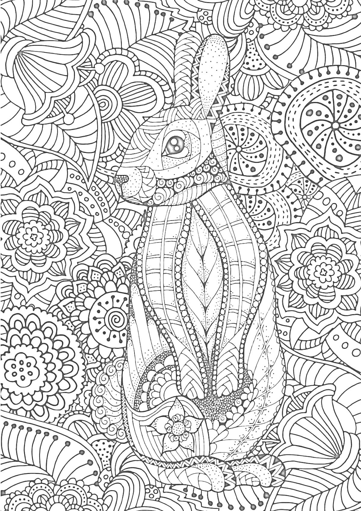 На раскраске изображено: Кролик, Узоры, Цветы, Антистресс, Простой карандаш