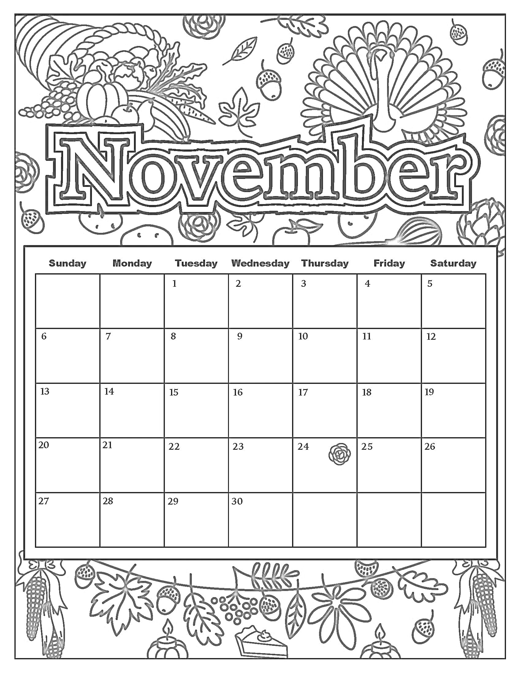 На раскраске изображено: Календарь, Ноябрь, Индейка, Кукуруза, Овощи, Листья, Шишки, Осень