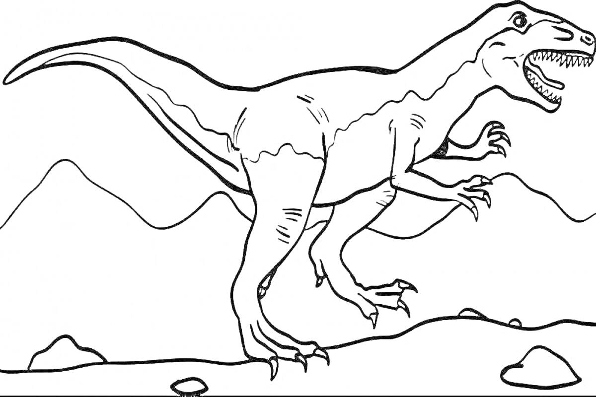 На раскраске изображено: Динозавр, Горы, Камни, Доисторическая эпоха