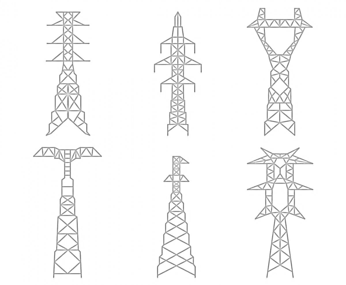 Раскраска Раскраска с шестью видами электрических башен на белом фоне