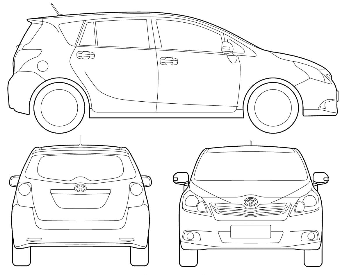 Раскраска Тойота Королла в трех проекциях: вид сбоку, вид сзади, вид спереди
