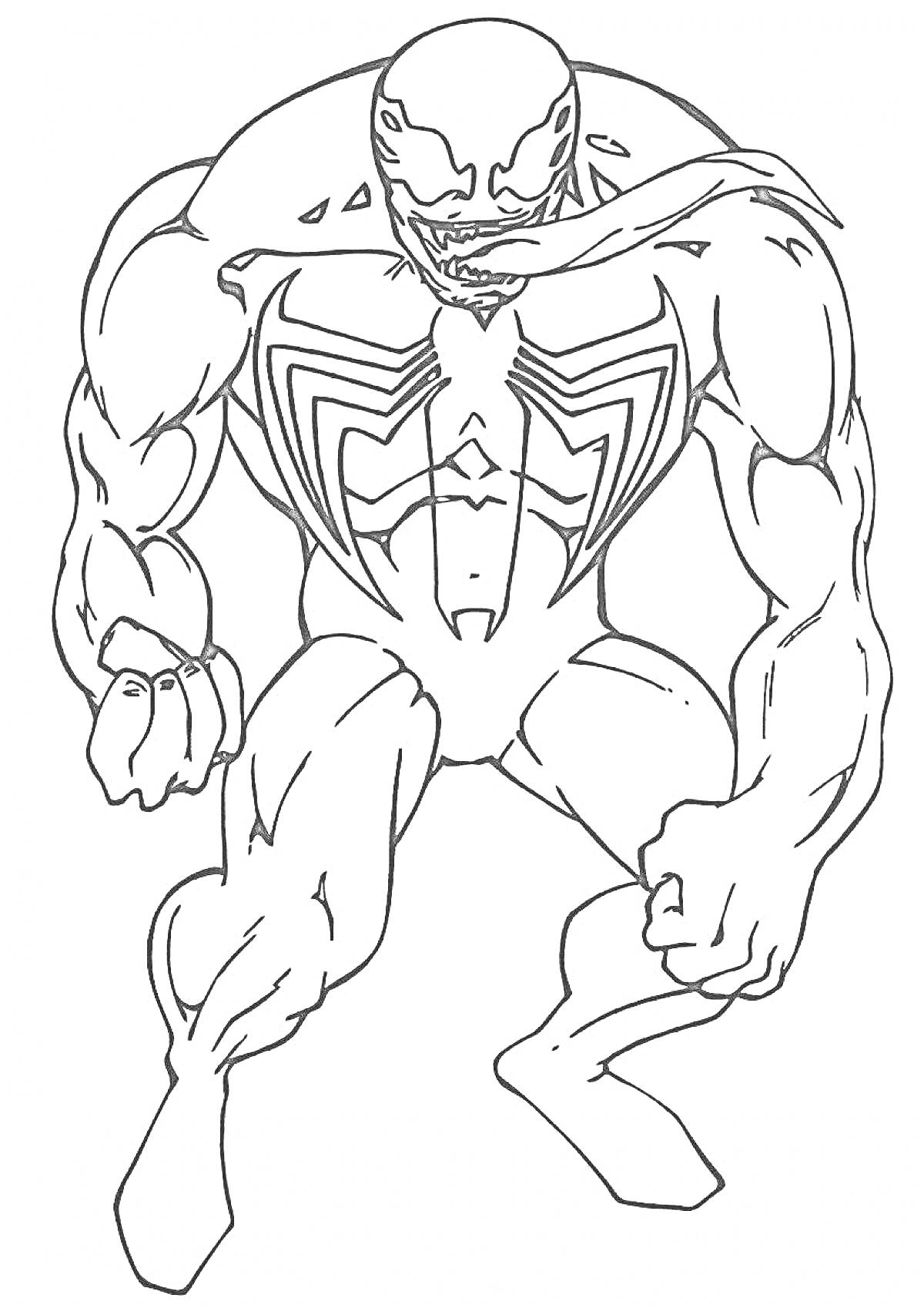 Раскраска Веном в атакующей позе, мускулистый с раскрытой пастью
