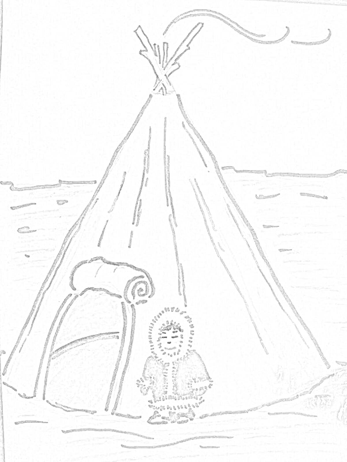 На раскраске изображено: Юрта, Ребенок, Национальная одежда, Север, Культура, Традиции, Северные народы, Костюм
