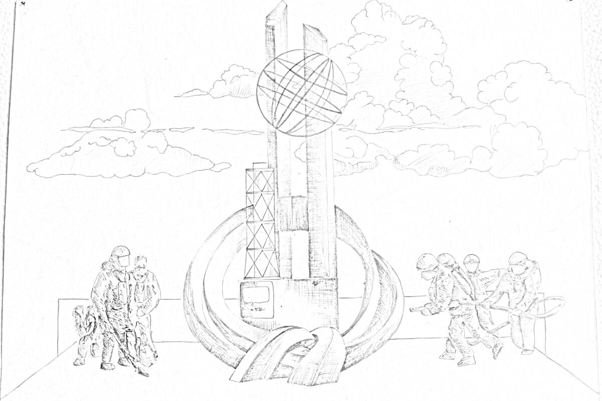Раскраска Памятник ликвидаторам аварии на Чернобыльской АЭС, ликвидаторы в защитных костюмах, облака, фон