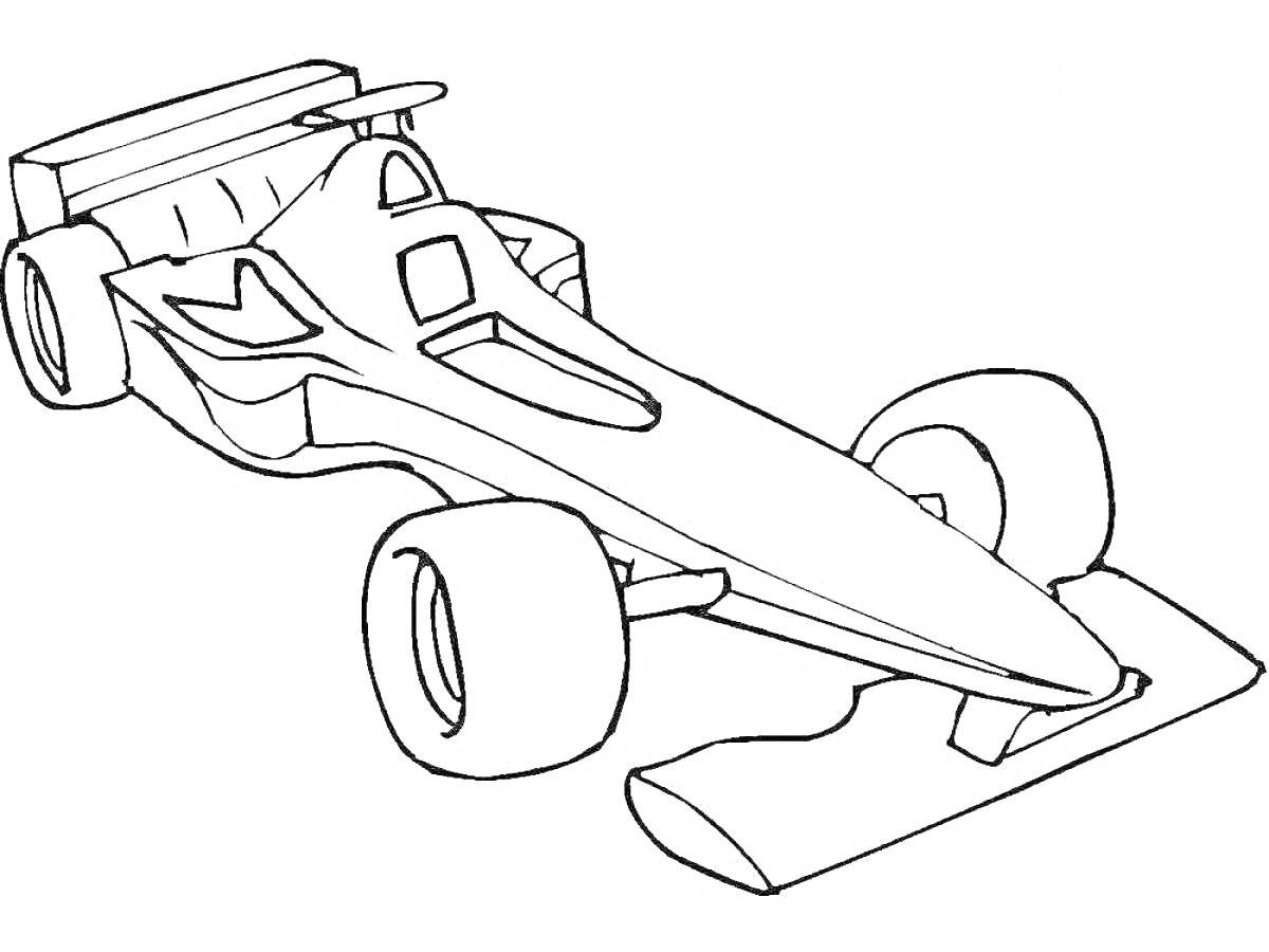 Раскраска Гоночный автомобиль Формулы-1 с антикрылом и большими колесами