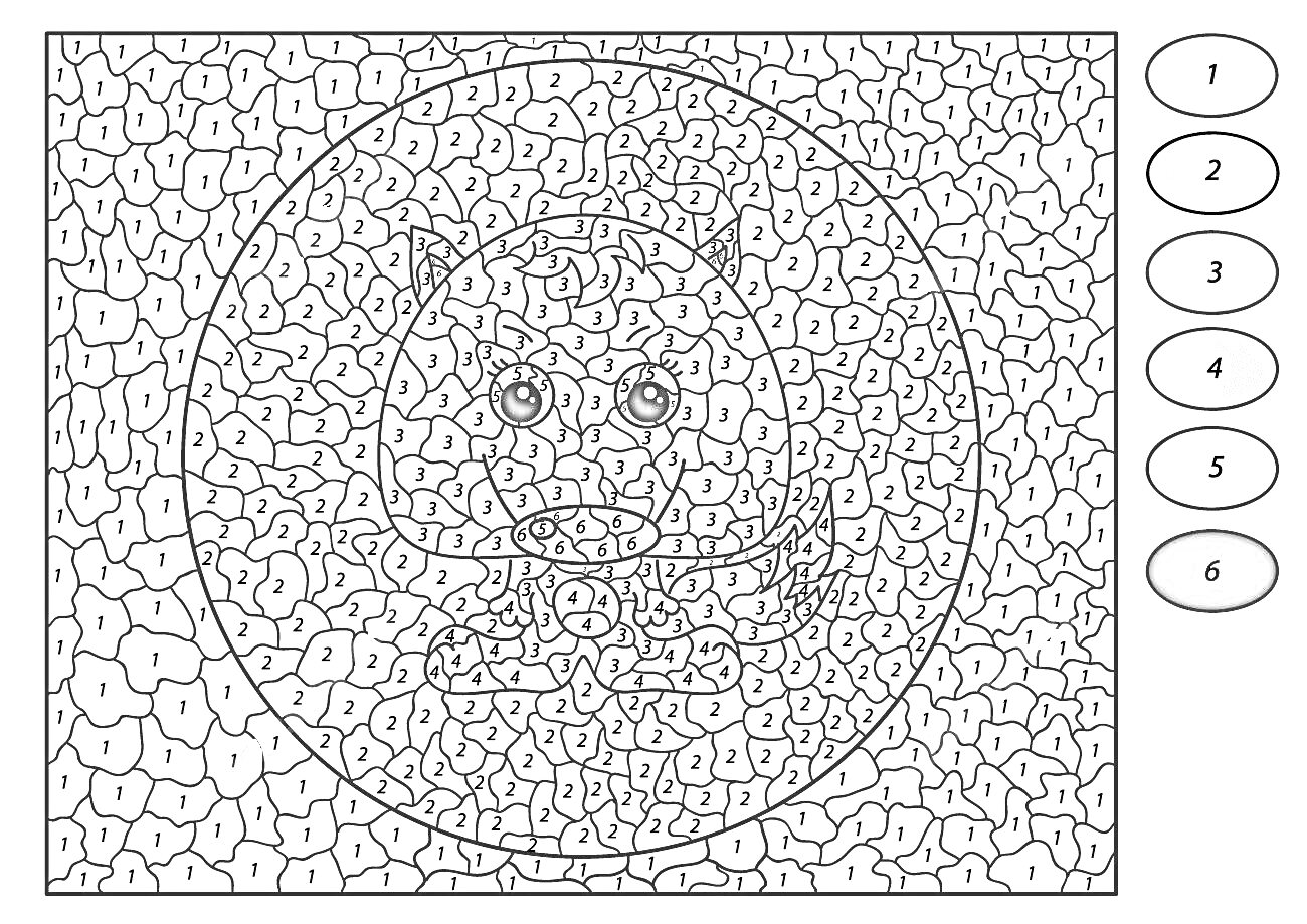 Раскраска Раскраска по номерам с изображением милого котенка внутри круга