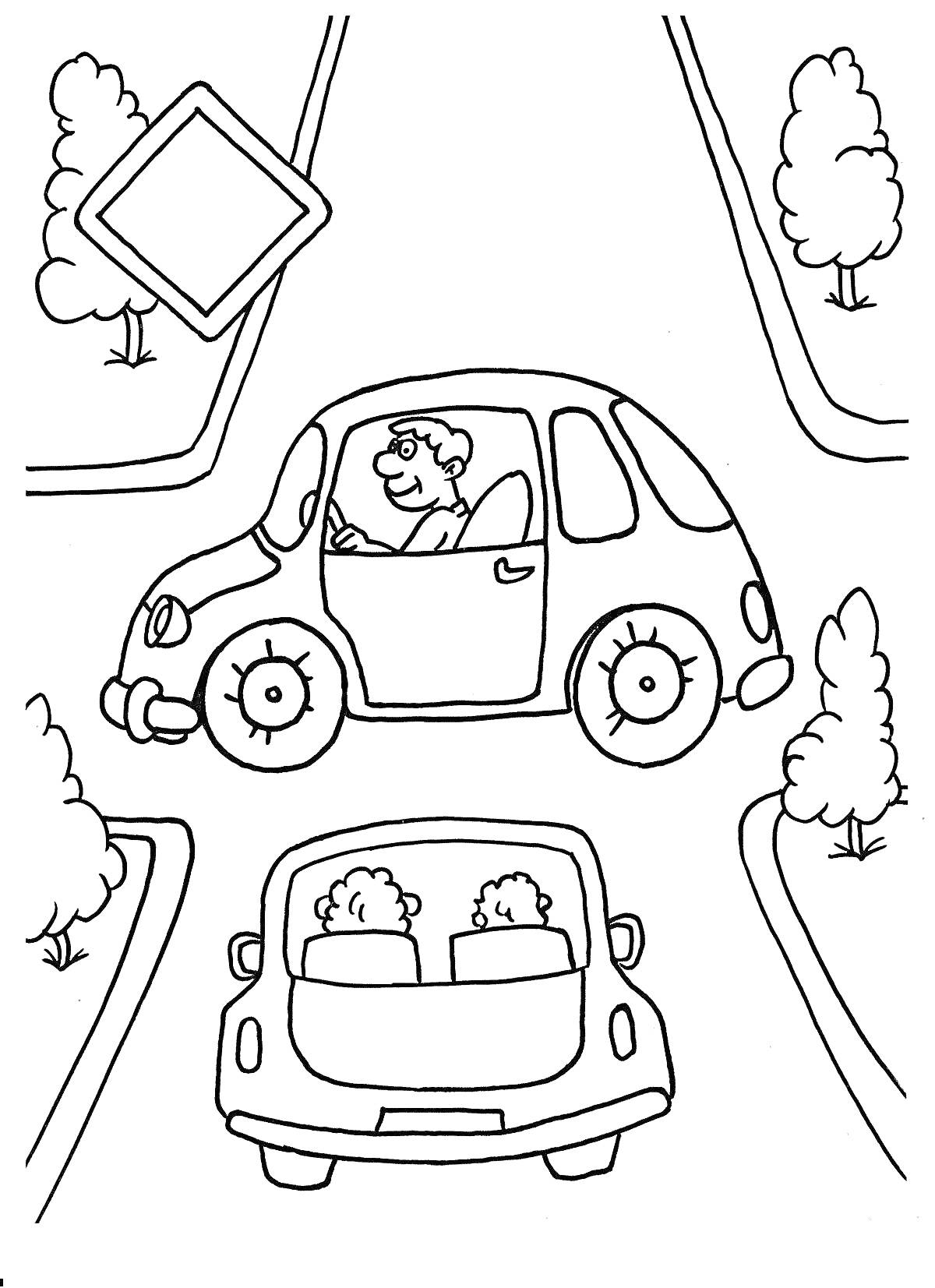 Раскраска Автомобили на дороге с дорожным знаком, деревьями и кустарником