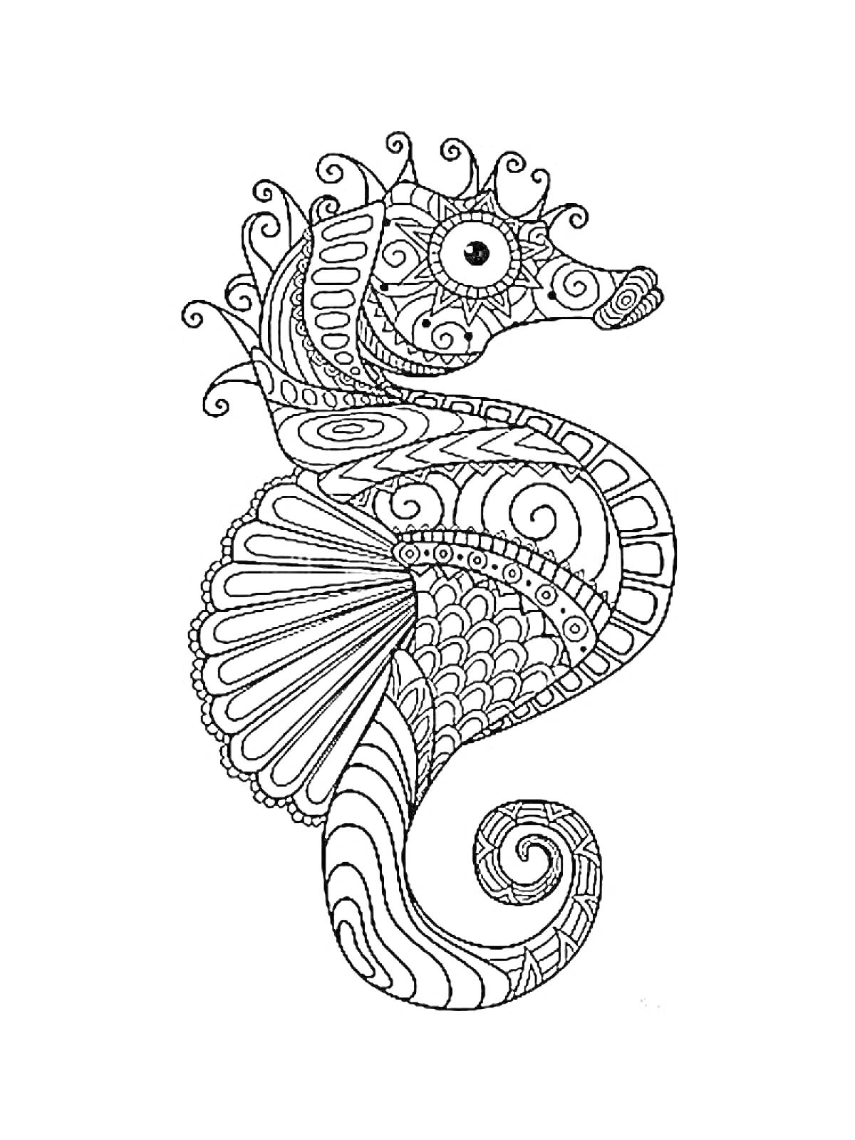 Раскраска Морской конек с узорами и спиралями