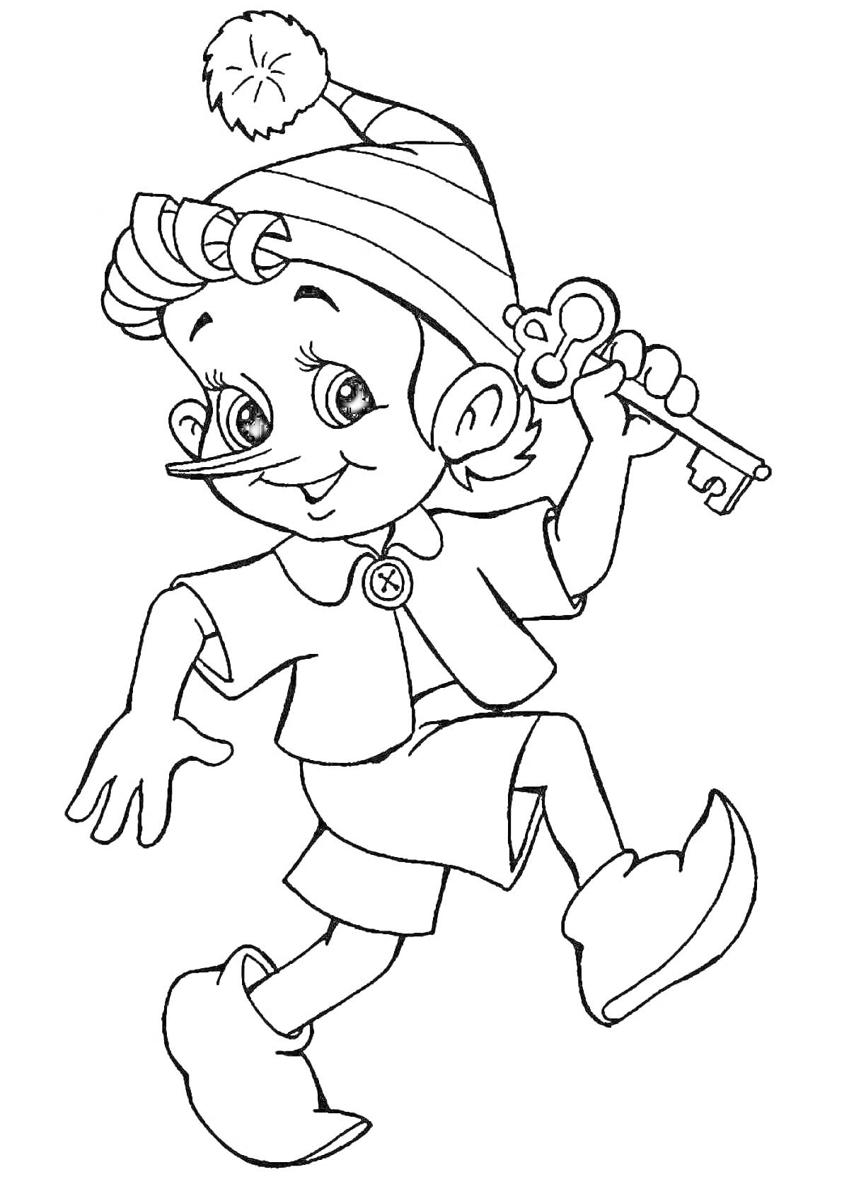 На раскраске изображено: Буратино, Ключик, Шапочка с помпоном, Мальчик, Кукла