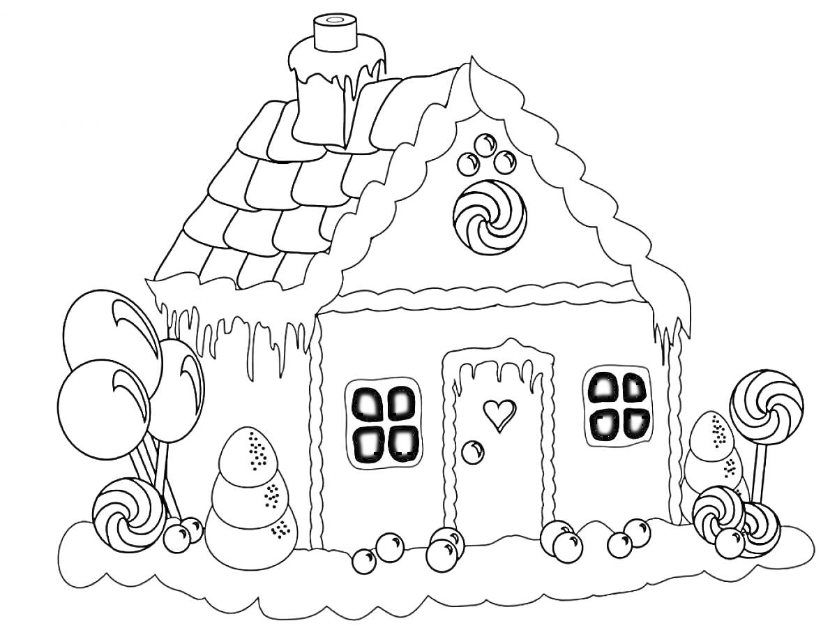 Раскраска Пряничный домик с леденцами и сосульками