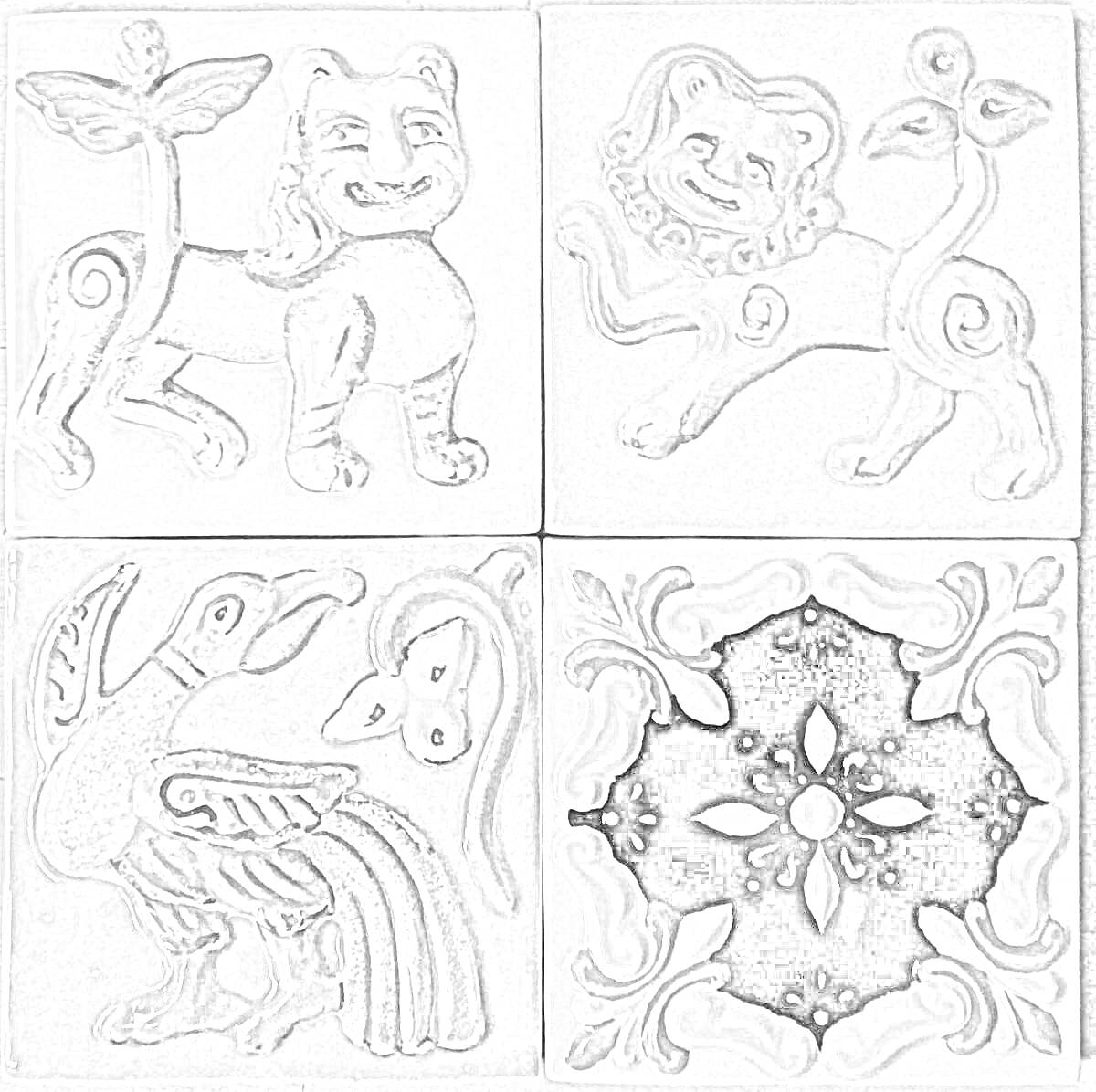 Раскраска Керамическая плитка ручной работы в стиле мифических животных и узоров