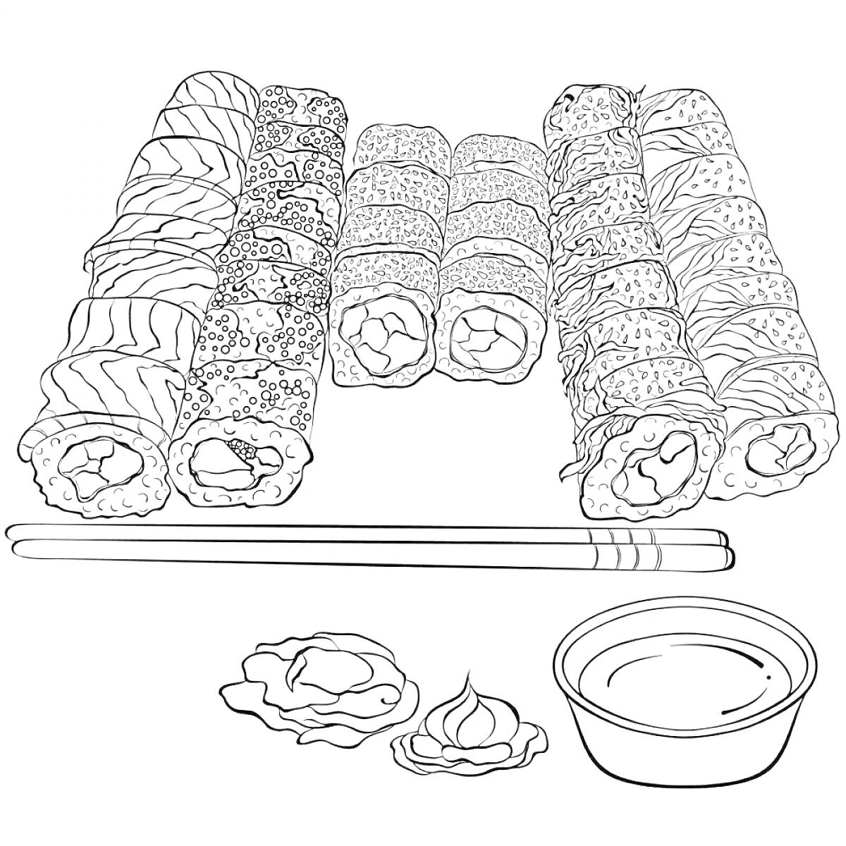 На раскраске изображено: Роллы, Суши, Васаби, Соевый соус, Палочки для еды, Японская кухня, Рис, Рыба, Морепродукты, Еда, Азиатская кухня, Контурные рисунки